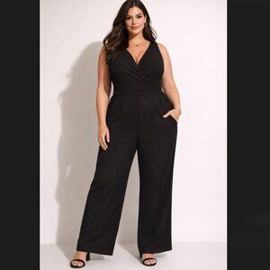 Torrid Black Jumpsuit 22 3X Studio Crepe Surplice Wide Leg Pockets NWT Romper